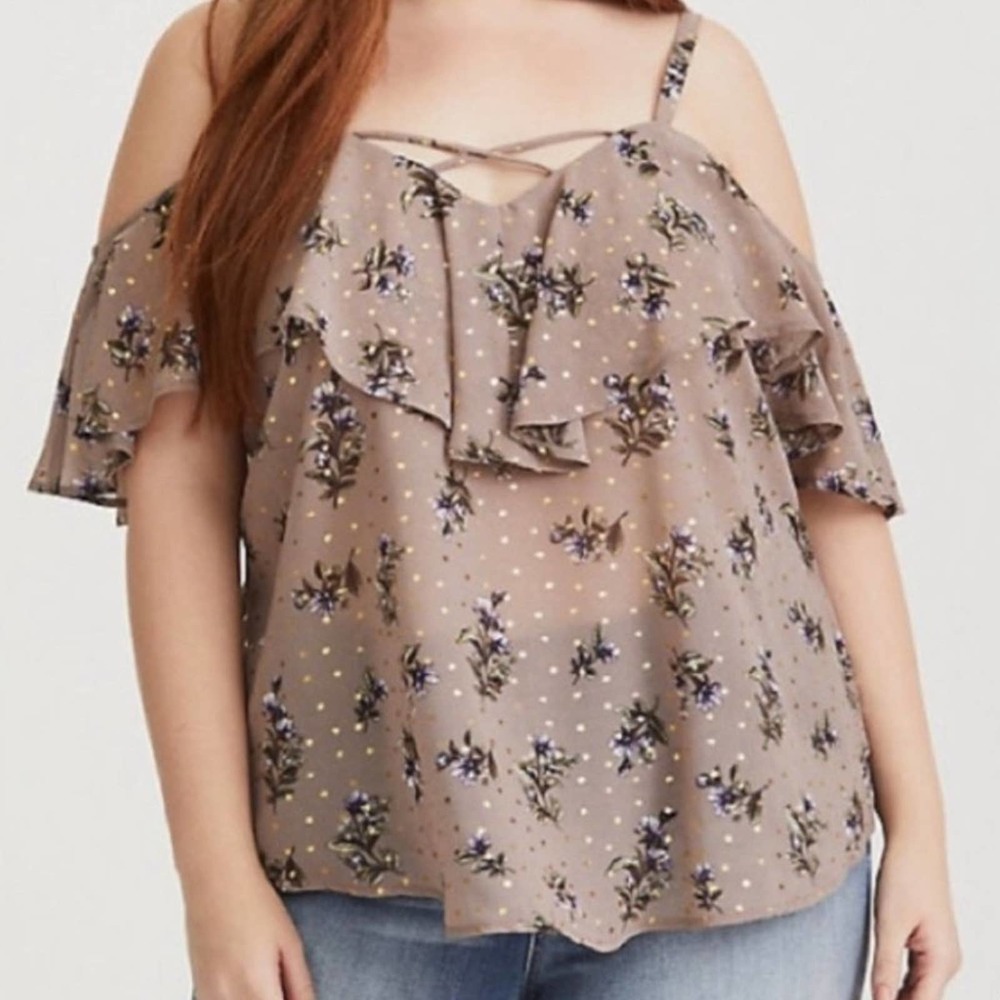TORRID Floral Metallic Dot Cold Shoulder Tank Top Cami Blouse 4